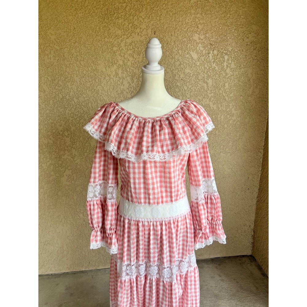 Vintage 70s Prairie Dress Pink Gingham Checkered Lace Trim Maxi Cottagecore S/M - Picture 2 of 11